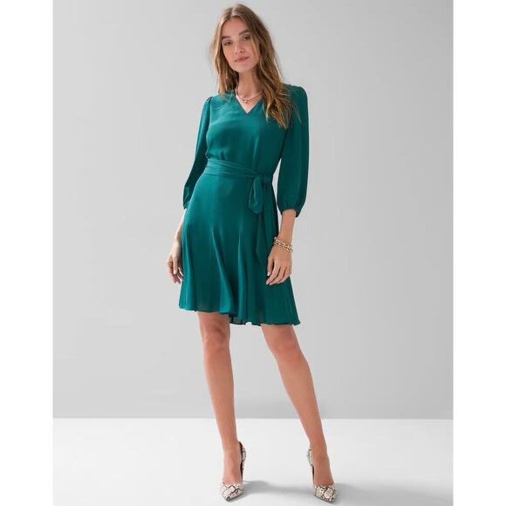 New! White House Black Market Elbow-Sleeve Godet Dress emerald green, size 6